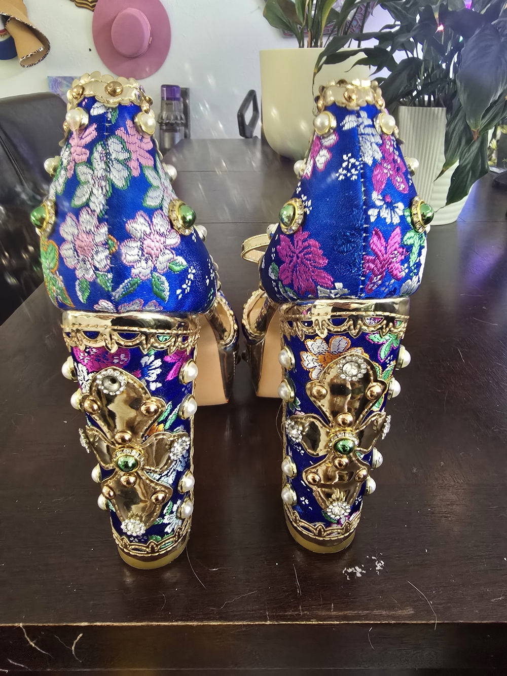 Embellished Blue Platform Heels with Gold Accents - Picture 3 of 7
